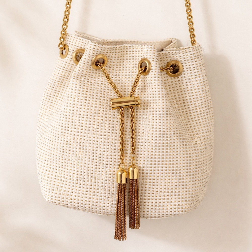 d’margeaux New York Woven Bucket Bag Chain Crossbody Tassel Cream Gold NWT